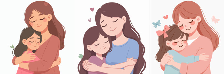 Cute Cartoon Mother and Daughter Hugging Love Illustration Graphic Element