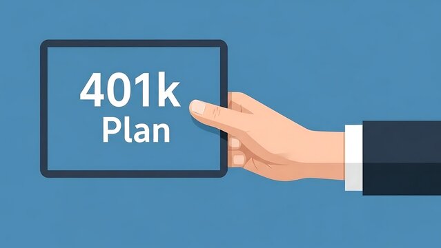 Businessman holding 401k plan tablet device.