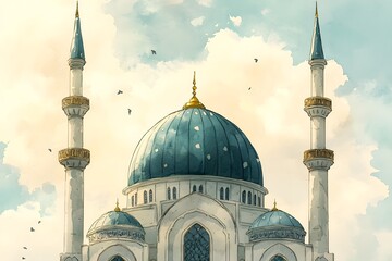 Architectural depiction of a monumental place of worship featuring tall minarets and a central dome against a bright sky