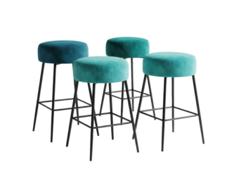 Four contemporary bar stools with plush velvet teal and turquoise seats, featuring matte black metal legs, isolated on a transparent studio background. Commercial furniture display atmosphere