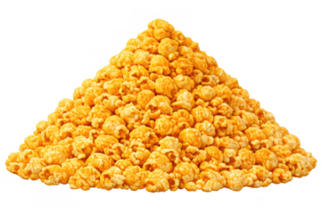 Golden cheese popcorn pile forming a peak, a crunchy savory snack for movies, parties, or casual eating, transparent background