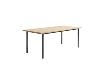Sleek, modern, rectangular dining table made of light ash wood with subtle grain and matte black steel legs, isolated on transparent, professional product catalog aesthetic