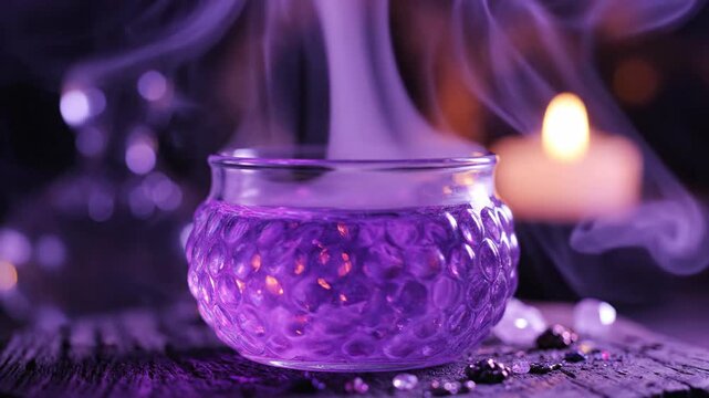 Smoking purple potion in glass.