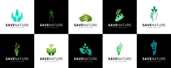 collection of environmental protection logos, nature conservation, with the concept of human hands and plants, vector design template.