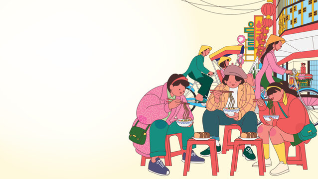 young people eating traditional noodles on plastic stools at a vibrant Vietnam street food market, asian travel and culinary culture flat vector illustration with copy space