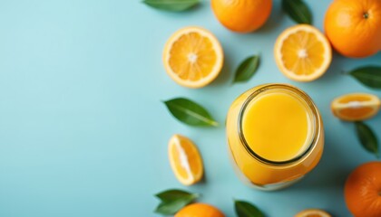 Obraz premium Top view fresh orange juice in glass with fruits. Fresh oranges slices and leaves on a pastel blue background. Healthy food concept. Refreshing drink.