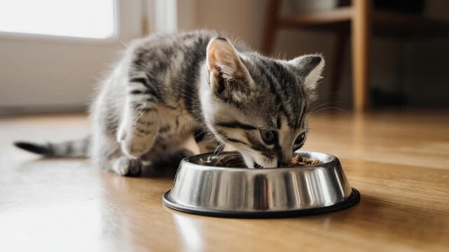 Domestic Cat Eating from a Metal Bowl on a Wooden Floor