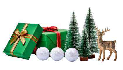 Christmas gifts golf balls trees and reindeer isolated on a transparent background green gif.png