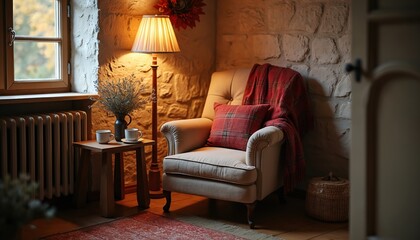 Cozy corner setup shows armchair with a throw and pillow. There is table with cups and window on background. Comfort ambience home setting with chair and soft lighting. Ideal for rest and relaxation.