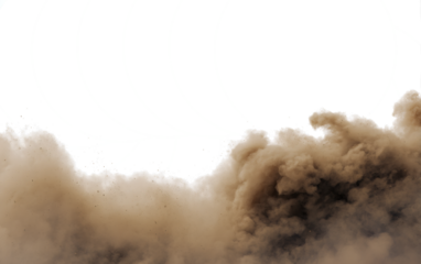 Intense brown smoke rises dramatically, evoking a sense of power and chaos.