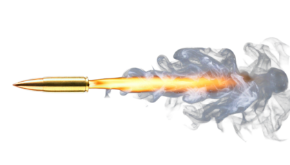 Golden bullet projectile, leaving a trail of smoke against a dark void, isolated on a transp.png