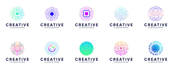 collection of connection network logos, electronic cores, digital technology, graphic design templates.