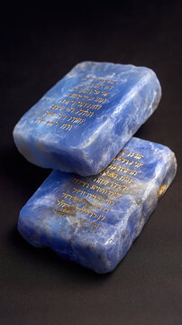 Blue chalcedony stone tablets stacked on dark surface