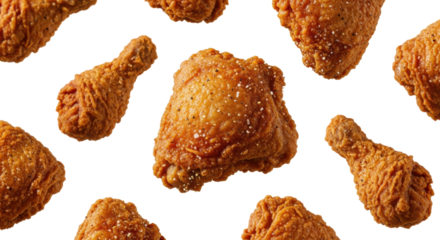 various pieces of mahogany-hued, extra crispy fried chicken (thighs and drumettes) suspended mid-air against a transparent background, scattering oil and spice flakes, intense appetite concept