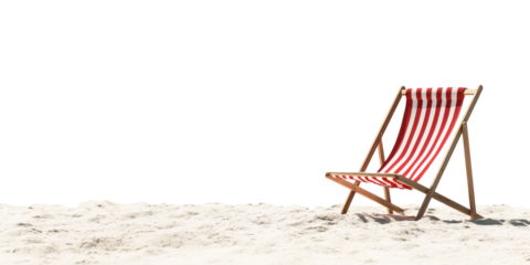 Relaxing beach scene with empty red and white striped deck chair on sandy shore