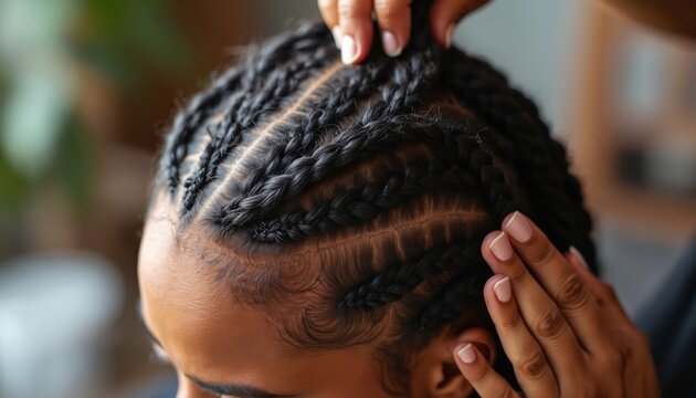 Pro hairdresser braids dark hair in neat cornrow patterns. Close-up shot shows scalp neat sections and detailed styling of hair. Artistic coiffure creation for woman.