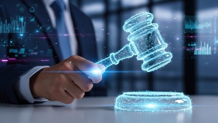 Closeup Businessman Hand holding virtual gavel, representing online dispute resolution, digital court, legal judgment, and internet law enforcement.