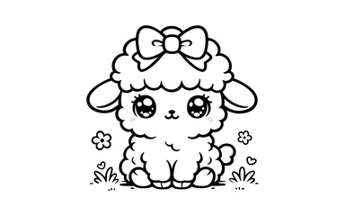 Adorable kawaii lamb with bow line art for coloring books