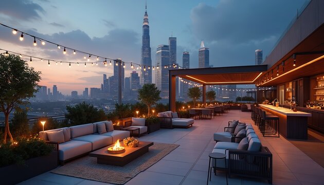 Rooftop terrace with modern design offers stunning city views at dusk. Outdoor lounge area with fire pit and bar creates upscale atmosphere. Lights illuminate space restaurant business travel.