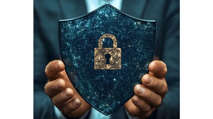 Business professional presents a glowing digital shield protecting confidential information with a locked mechanism