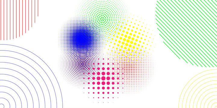 A collection of halftone circular backgrounds. Halftone shapes made from CMYK color dots. Colorful circular patterns on a white background.