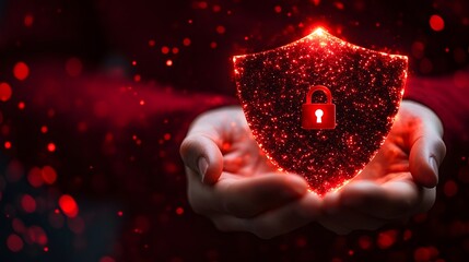 Hands gently cupping a glowing, digital shield with a bright padlock icon centered within the protective boundary