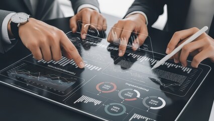 Close-up corporate hands analyzing financial data representing financial compliance tax reporting digital currency and legal governance