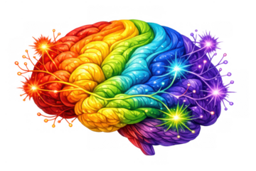 Human brain illustration displaying spectrum of colors and neural activity, symbolizing neurodiversity, creativity, and unique thinking