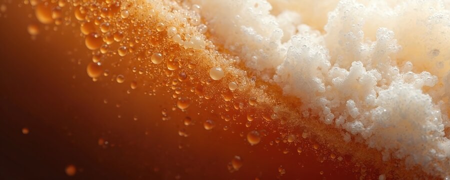 Close up captures root beer float detail. Drink shows brown color with froth and water drops. Texture shows refreshment celebration on national root beer float day for sweet dessert craving.