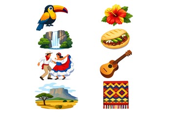 Vector Illustration of Eight Venezuelan Cultural Elements in Two Vertical Columns, Clean Design, White Background