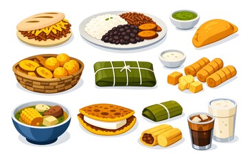 Illustration of Venezuelan Traditional Foods, Set of Generic Dishes on White Background