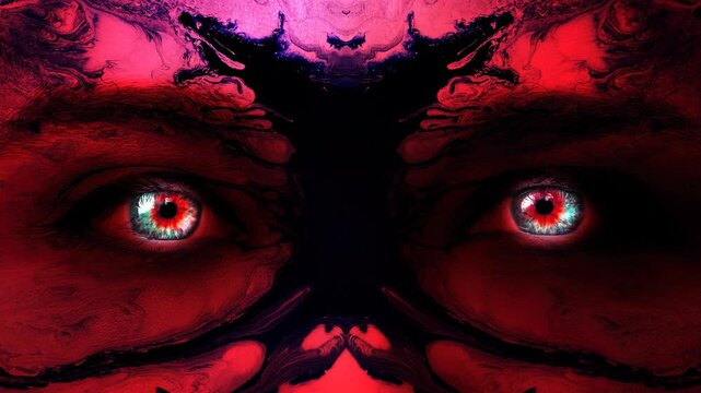A mystic woman's face of red color close-up with colorful glowing eyes and patterns of dripping black paint on her face. Mysterious female gaze. Creative 4k time-lapse video.