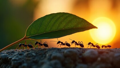 Obraz premium Ants collaborate. Many insects carry large green leaf on rock. Teamwork demonstrated at sunset. Animals work together. Cooperation, strength concept displayed in nature. Insects carry food. Wildlife