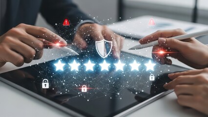 Close-up corporate hands reviewing five star rating representing cybersecurity protection with data privacy and hacking alert prevention