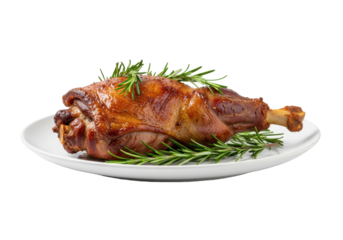 a perfectly roasted leg of lamb, golden-brown and glistening, garnished with vibrant fresh rosemary on a wide-rimmed white plate, isolated in a studio setup, conveying ultimate culinary luxury