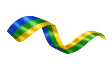 Waving ribbon with blue, yellow, and green stripes reflecting gabon flag colors, a symbol of national pride