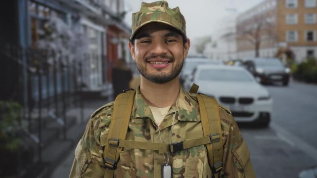 Man wearing camouflage uniform with backpack straps and dogtag smiles in urban street setting; pride duty honor.