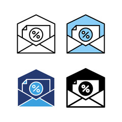 Icon set discount mail marketing, shopping promo sale. Icon line, glyph and flat with blue colour isolated white background.
