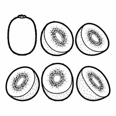 Black and white line art vector illustration set of kiwi fruit, showing whole fruit and various detailed cross-sections with seeds and fuzzy skin.