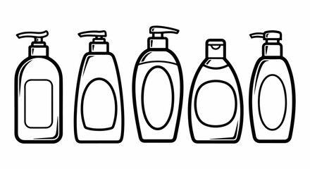 Black and white outline set of cosmetic and hygiene product pump dispenser and shampoo bottles. Vector icon illustration for beauty and cleaning packaging design.