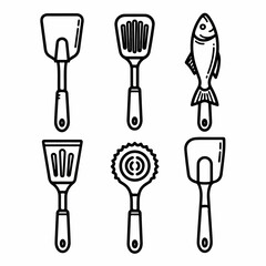Collection of line icons featuring various kitchen utensils including spatulas, slotted turners, and specialized grilling tools.