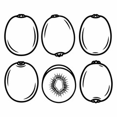 Black and white line art vector illustration set of kiwi fruit, including whole fruits and a cross-section, isolated on white background.