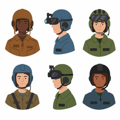 Six vector avatars depicting diverse military and helicopter pilots wearing flight helmets, goggles, and night vision gear in various uniform colors.
