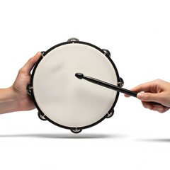 Fototapeta premium A person holding a tambourine and another person with a drumstick prepares to play it Isolated on White background