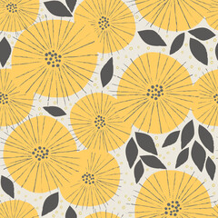 Seamless colorful pattern of umbrellas and yellow flowers on a bright floral background