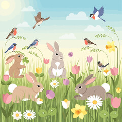 Fototapeta premium Spring meadow with rabbits, birds, and flowers