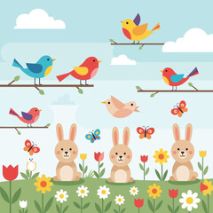 Naklejka premium Spring animals and birds illustration, cute bunnies and colorful birds on branches