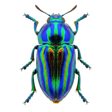 Ultra-macro portrait of an iridescent jewel beetle with copper, emerald, and cobalt metallic stripes, isolated on a bright white background, conveying natural geometric perfection