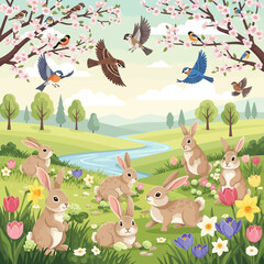 Naklejka premium Spring landscape with rabbits and birds in blooming cherry trees and flowers