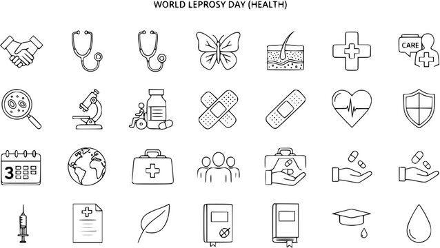 World Leprosy Day Health Icons: Line Art Collection for Medical Awareness